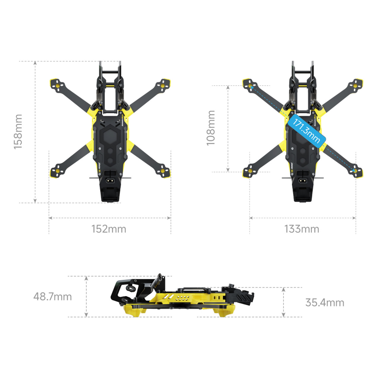 SpeedyBee Master3X Modular Frame (O4P-Aluminum Alloy Head) 4 dimensions SpeedyBee Master3X Modular Frame (O4P-Aluminum Alloy Head) 3-3.6 Inch FPV Freestyle Frame Kit - Image 4